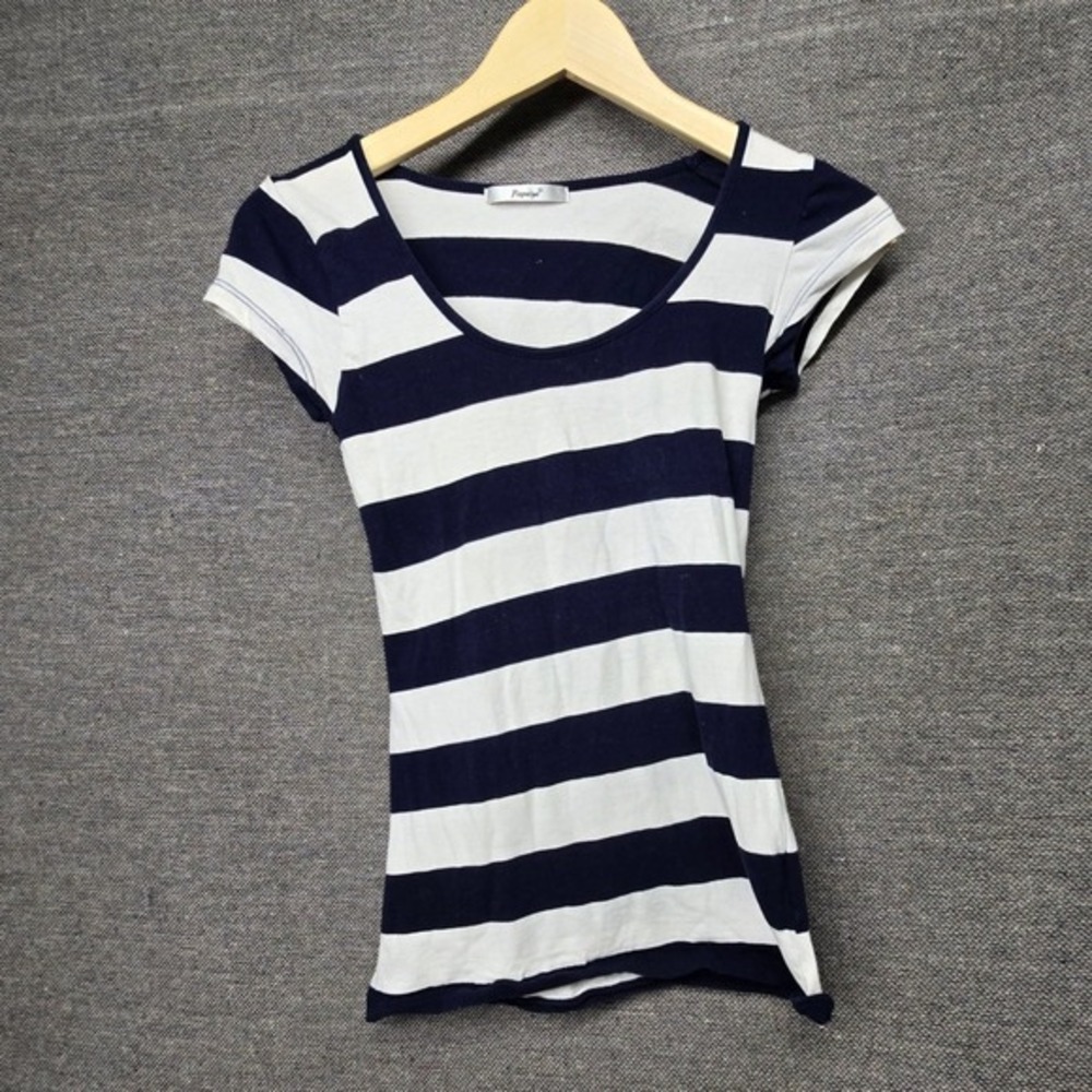 Papaya Womens Navy Blue White Striped Scoop Neck Short Sleeve T-Shirt Small
